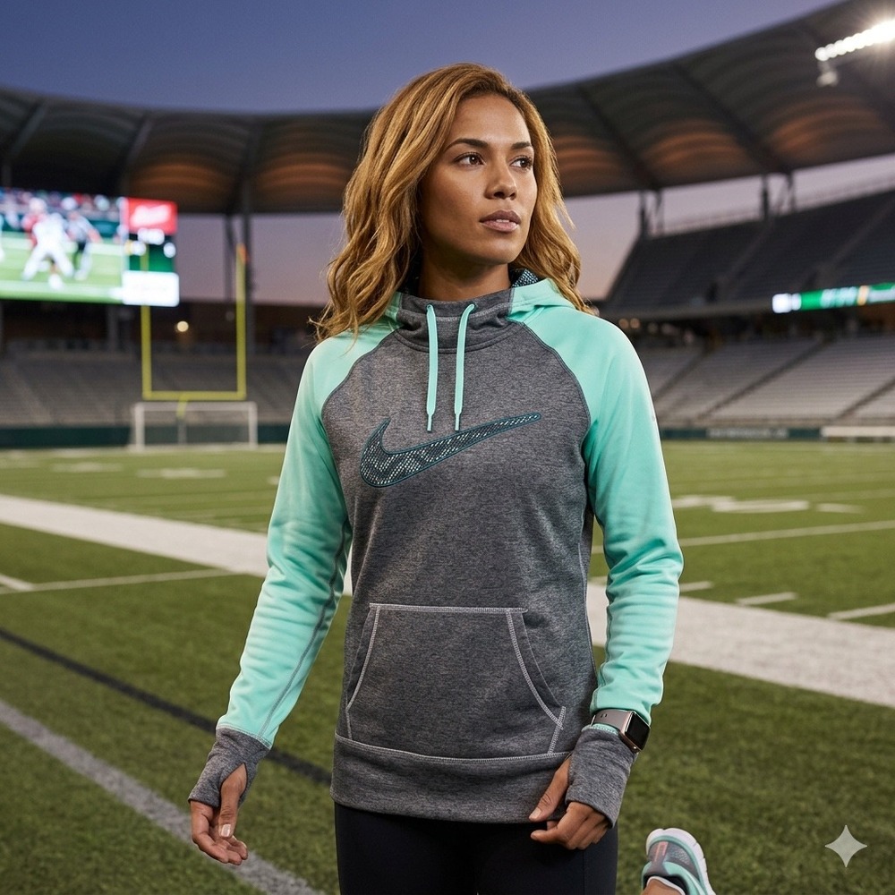 Nike Therma-FIT Womens Hoodie Grey Mint Green Scuba Neck Thumbholes 665890-064 L